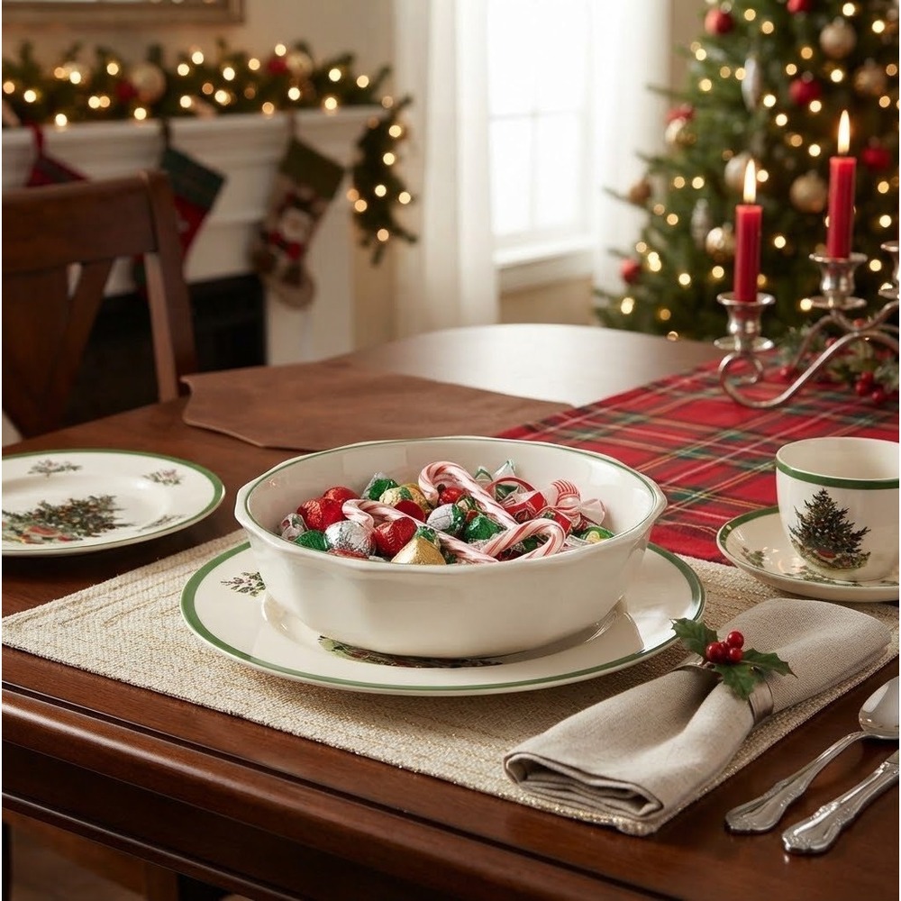Spode Christmas Tree Small Scalloped Nut Candy Dish 5x2 12oz Earthenware Bowl